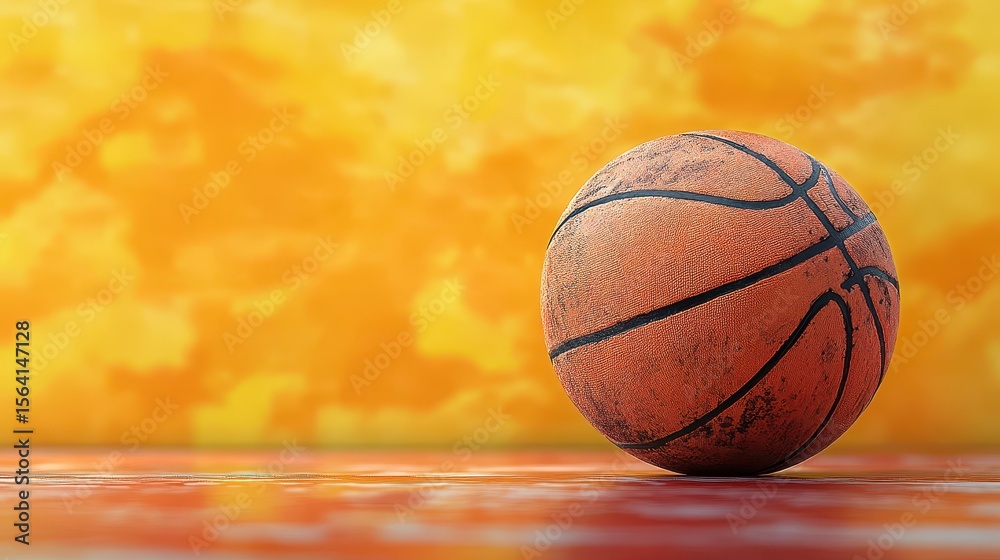 Obraz premium Vibrant Close-up of a Basketball on a Reflective Surface with a Bold Yellow and Orange Background Emphasizing the Sport's Energetic Essence