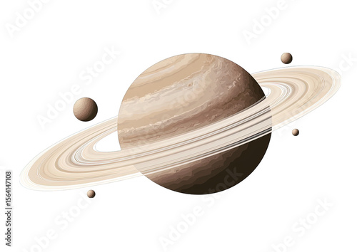Artistic illustration of the planet saturn with its magnificent rings and surrounding moons against a dark background.