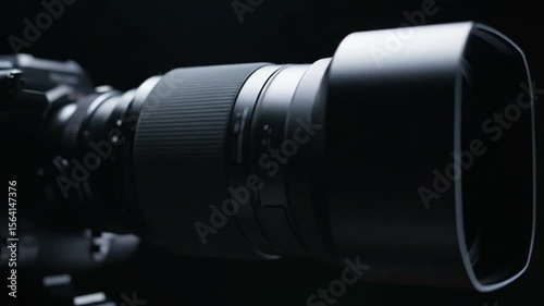 Professional camera lens with hood poised for capturing, highlighted in a dark, high-tech close-up studio shot, ideal for photography equipment con...