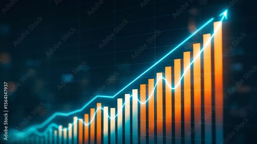 A vibrant financial graph showcasing an upward trend with orange and blue bars against a dark background, symbolizing growth, success, and the dynamic nature of the market.