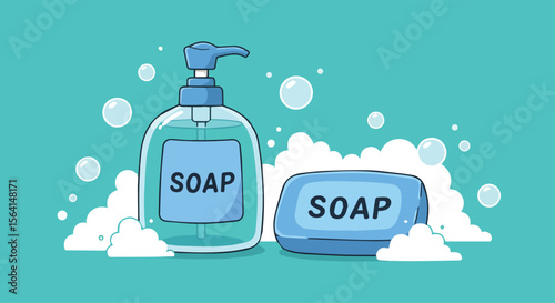 Soap and Liquid Soap Bottle Illustration with Bubbles