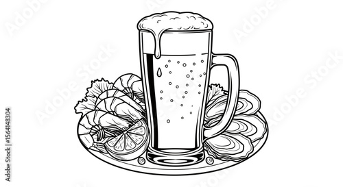 Glass of beer with seafood platter illustration in black and white