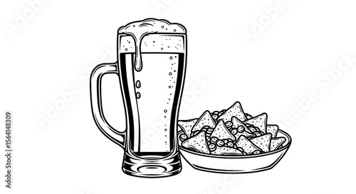 Mug of beer with nachos illustration in black and white