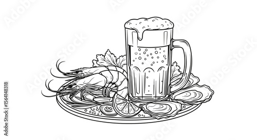 Mug of beer with seafood platter illustration in black and white
