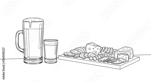 Beer mugs and cheese platter illustration in black and white