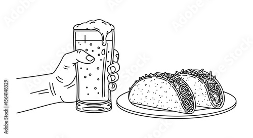 Hand holding a glass of beer next to a plate of tacos in a line drawing style