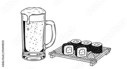 Mug of beer with sushi platter illustration in black and white