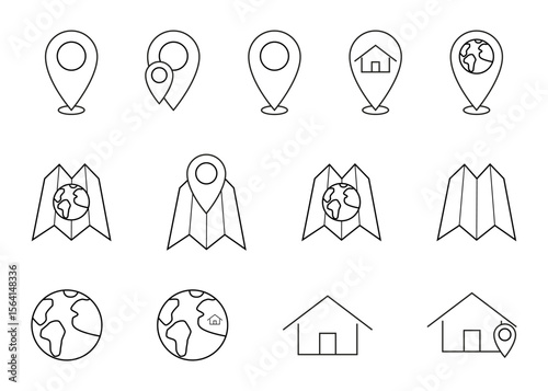 Simple location vector icon set. Vector illustration. EPS10. Linear flat set. House, map, pin, location, planet.