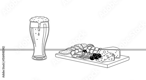 Glass of beer with cheese and charcuterie board illustration in black and white