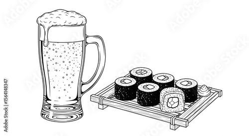 Mug of beer with sushi platter illustration in black and white