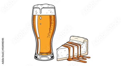 Glass of beer and cheesecake illustration in black and white with colored accents