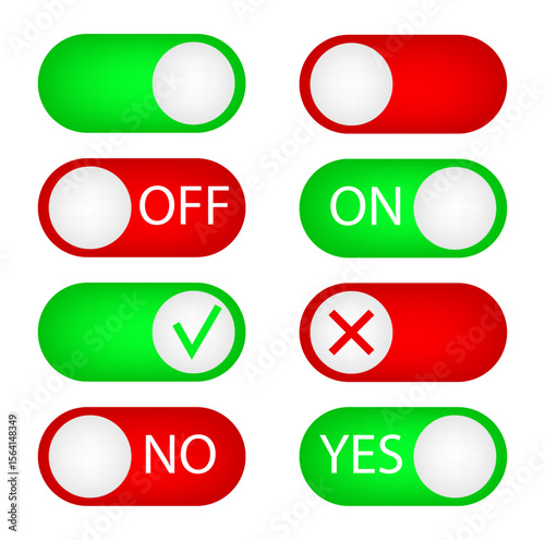Set of green and red toggle switch buttons with on, off, yes, no meanings. Vector icon set. EPS10