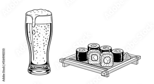 Glass of beer with sushi on a platter illustration in black and white