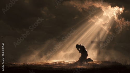 A person kneeling on the ground in front of a cross with sun rays streaming through the clouds illuminating their face as they close their eyes in a heartfelt gesture of forgivenes