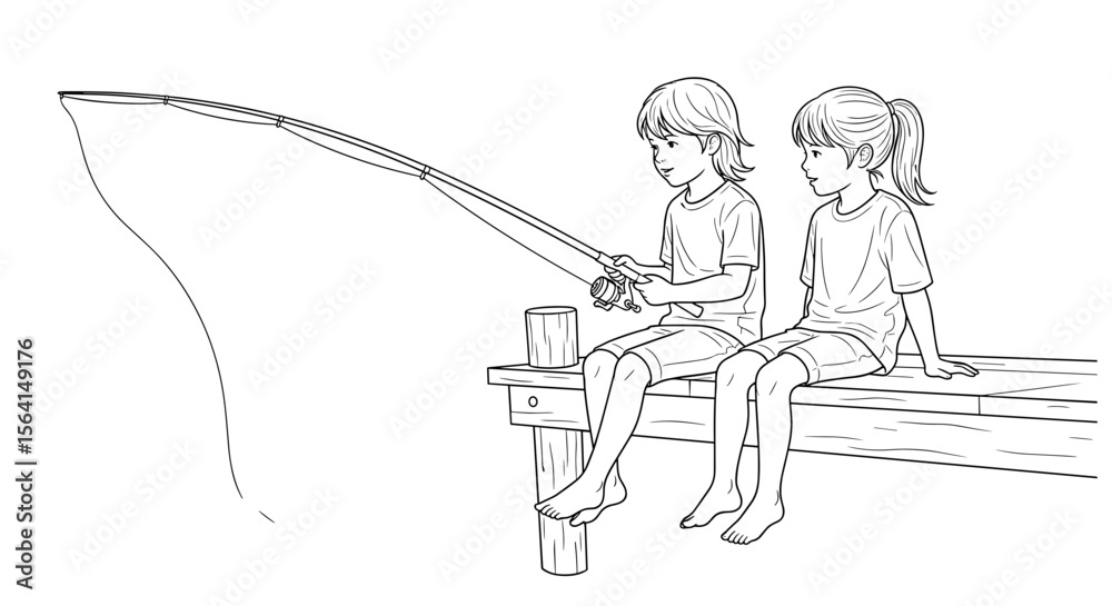 Fototapeta premium Two children fishing happily on a dock in a line drawing style with a serene background
