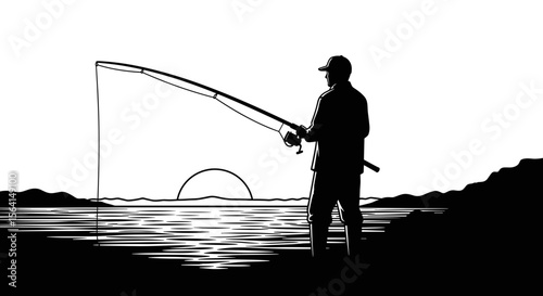 Silhouette of a fisherman casting a line at sunset by the water in a line drawing style