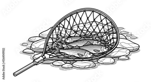 Caught fish in a landing net resting on the ground near a river 