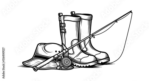 Fishing gear setup including boots, hat, and rod in a line drawing style