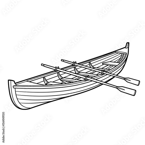 Traditional wooden rowboat with oars in a line drawing style