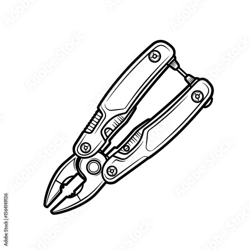Fishing multi-tool pliers in a detailed line drawing style
