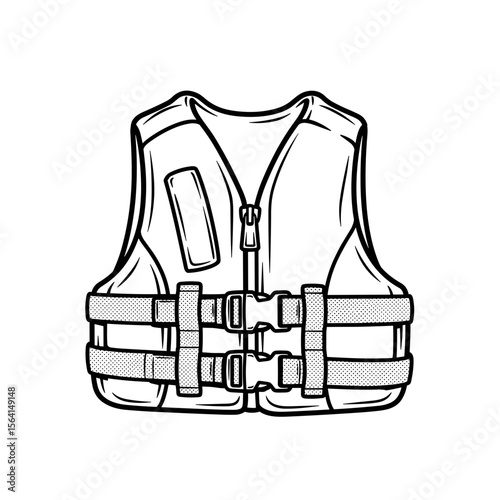 Life vest for water activities with straps and pockets in a line drawing style