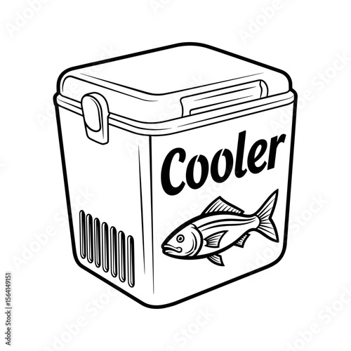 Insulated cooler with a fish graphic and the word "Cooler" in a line drawing style
