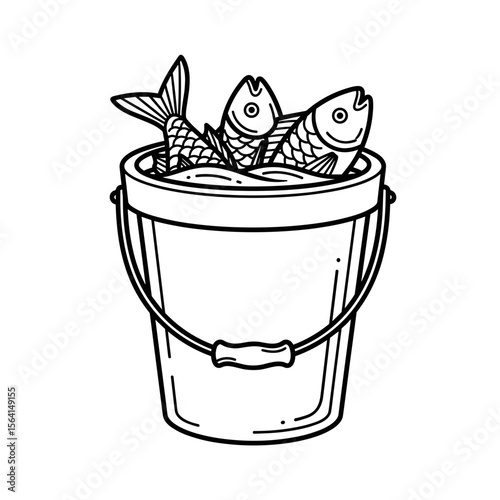 Bucket filled with freshly caught fish in a line drawing style
