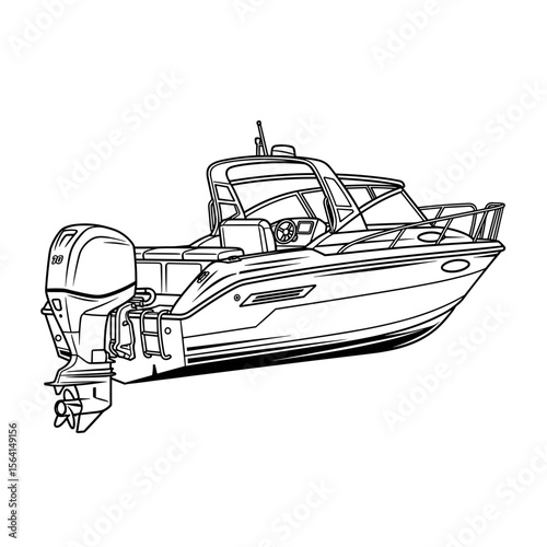 Fishing boat with an outboard motor in a detailed line drawing style