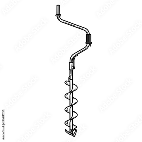 Handheld ice auger for fishing in a detailed line drawing style