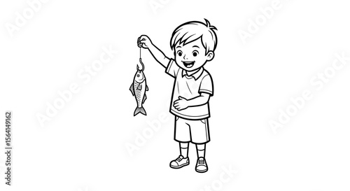 Happy child holding up a caught fish, celebrating his fishing success in a line drawing style