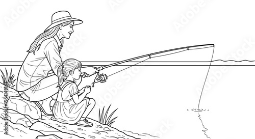 Mother and daughter fishing together on a rocky shore in a line drawing style