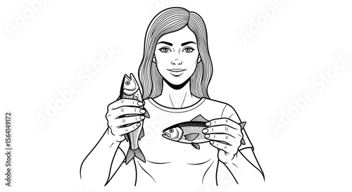 Happy woman displaying two caught fish in a line drawing style