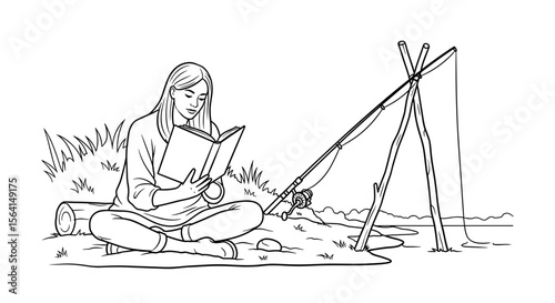 Young woman reading a book while fishing beside a river in nature 