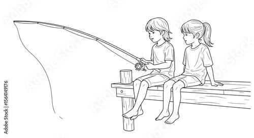 Two children fishing happily on a dock in a line drawing style with a serene background