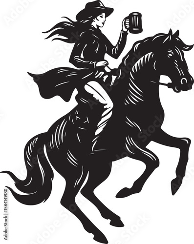 Cowgirl on a Bucking Horse with Holding a Mug of Beer Silhouette Vector Illustration on Transparent Background