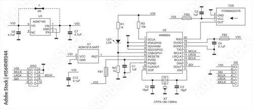 Schematic diagram of electronic device on white paper sheet. Vector drawing electrical circuit with
resistor, capacitor, integrated circuit,
diode, microcontroller, led indicator, other components.