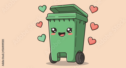 Cute green trash can cartoon character with love hearts. Kawaii garbage bin mascot smiling
