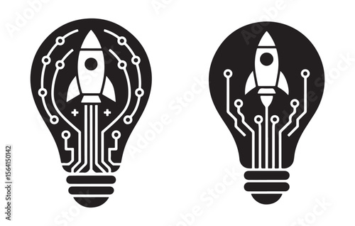 Black and White Lightbulb Rocket Ship Startup Icon Design vector