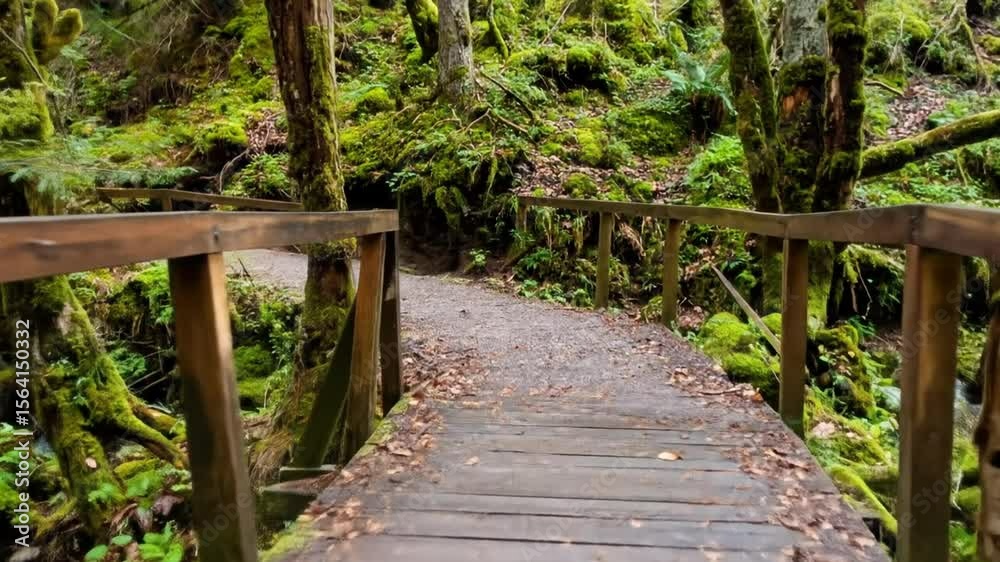 Wooden bridge crossing a mossy forest path Wooden bridge crossing a mossy forest path