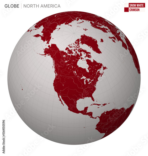 Vector Globe centered to North America. Snow White Crimson palette. World map with meridians, parallels, countries, rivers and lakes. Neat vector illustration.