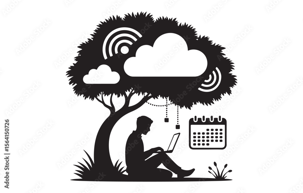 Obraz premium Man Working on Laptop Underneath Black Silhouette Tree with Cloud Computing Icons Calendar