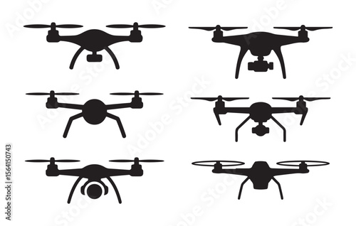 Six Black Drone Silhouettes Various Angles Top View Camera Technology Icons vector
