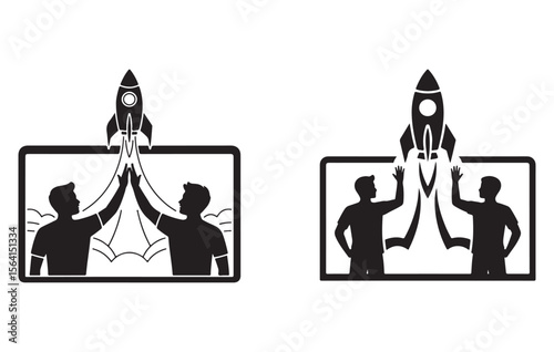 Two Men Silhouettes High Five Rocket Launch Startup Success Teamwork Black White