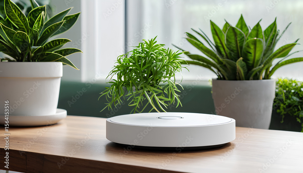 Fototapeta premium White Disc-Shaped Tech Accessory with Plants in Background