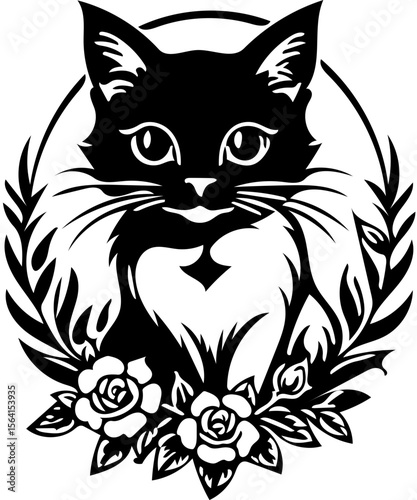 cute cat black and white shilouette 