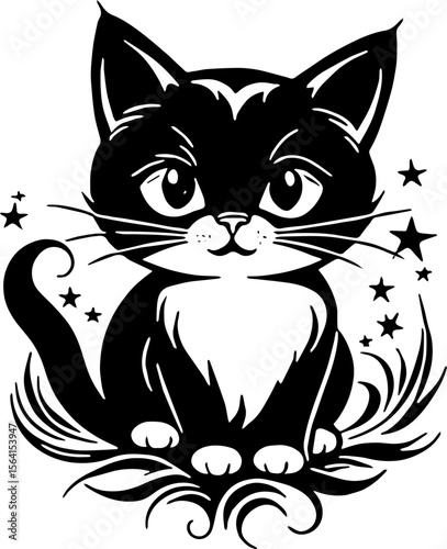 cute cat black and white shilouette 