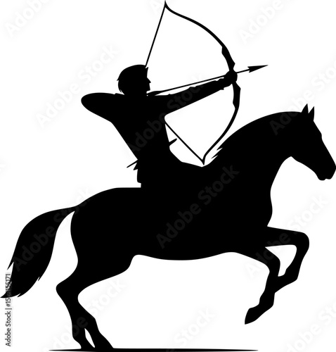 Minimalist silhouette of a person doing horse archery, black vector
