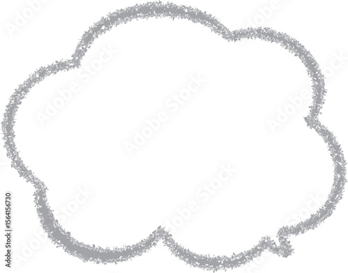 グレーのクレヨンで描いたモコモコした雲の形のふきだし。かわいい。手描き風。吹き出しの先端は右下