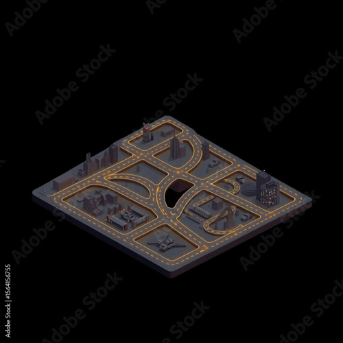 Isometric view of a city layout with illuminated roads and buildings on a dark background scene setup