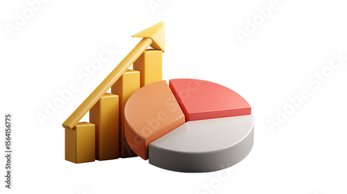 3D rendered pie chart and growth arrow, financial concept, clean modern design, PNG